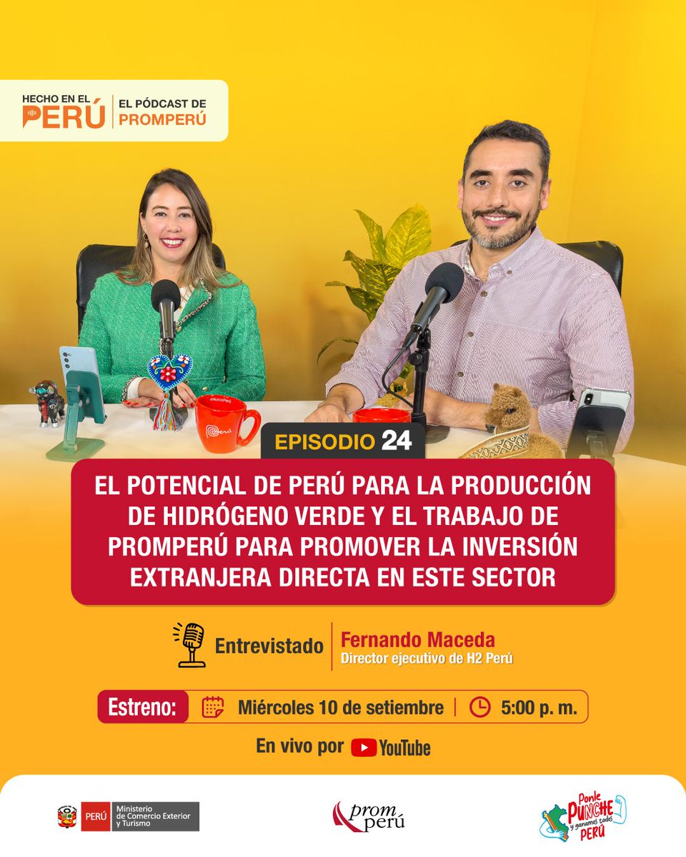 💡 Nuestro director ejecutivo, Fernando Maceda, participó en el podcast Hecho en el Perú de <a href="/Promperu/">PROMPERÚ</a> , resaltando el gran potencial del hidrógeno renovable como motor de inversión y desarrollo sostenible para el Perú. 

Te invitamos a ver el episodio : h2.pe/recursos