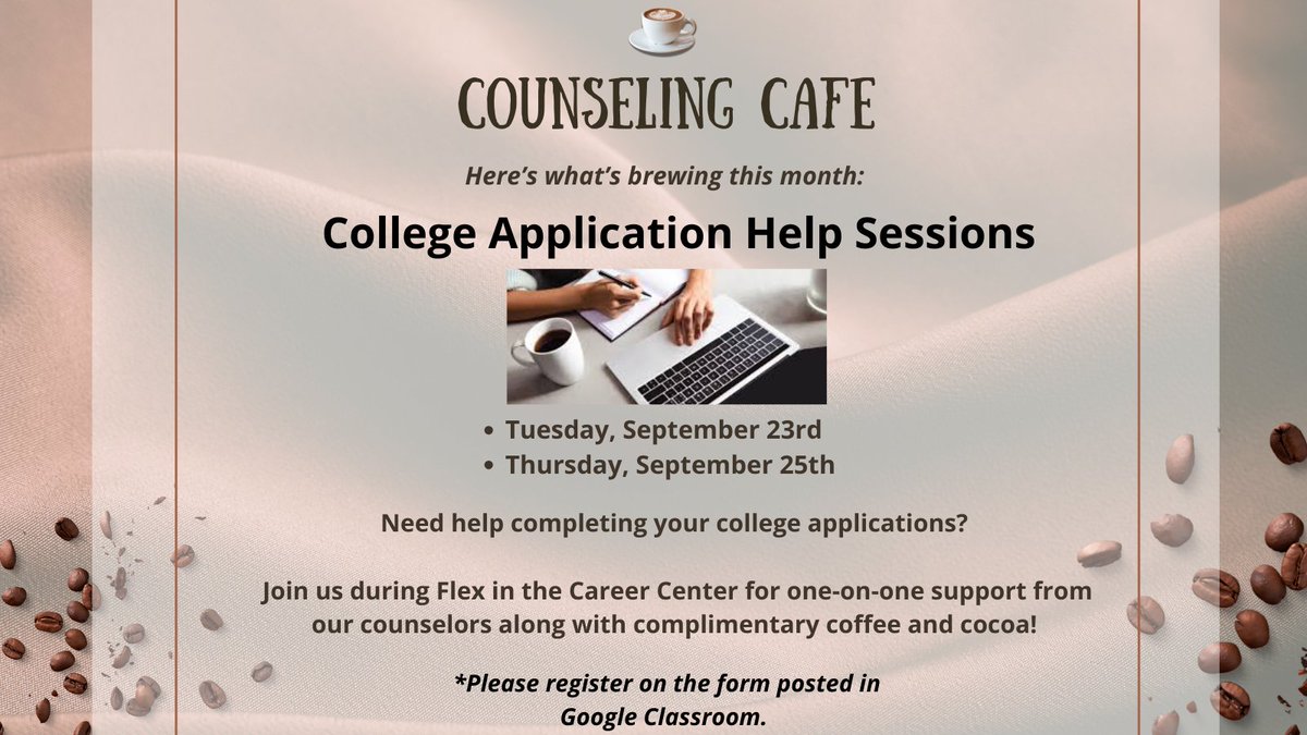 Ready to tackle those college applications? ✍️ We've got you covered!
Join our "Counseling Cafe: College Application Workshop" on September 23rd or 25th for one-on-one help from our counselors.
Sign up in Google Classroom to reserve your spot!
#CollegeApplications #ClassOf2026
