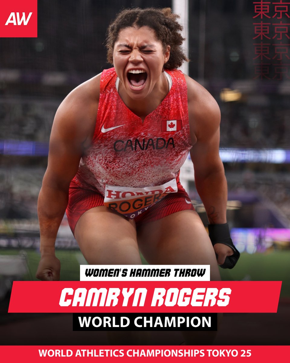WORLD CHAMPION 

Camryn Rogers with an all-time great performance to win hammer throw gold at the World Athletics Championships 🇨🇦

Her winning mark of 80.51m puts her second on the global hammer all-time list and it's also the seventh biggest throw in history 🤯