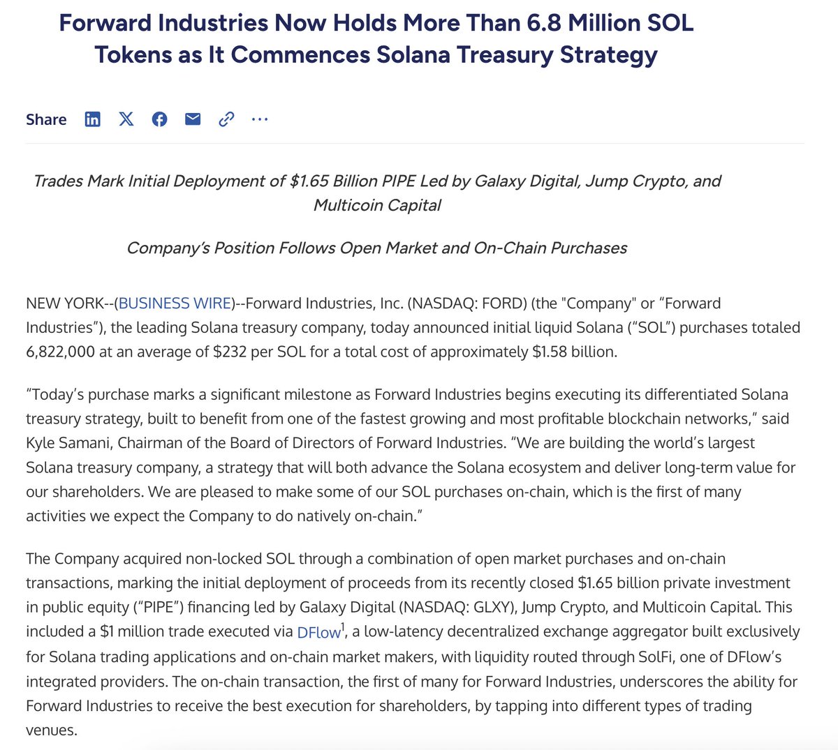 lookonchain's tweet image. Galaxy Digital has helped Forward Industries complete the massive purchase of 6,822,000 $SOL($1.58B) at $232 avg over the past 5 days. 

There is still $67M left to purchase $SOL.

businesswire.com/news/home/2025…
x.com/lookonchain/st…