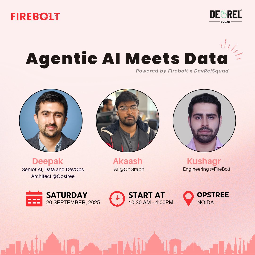 devrelsquad_'s tweet image. 🔥 Noida, it’s time!

On 20th Sept, we’re bringing AI × Data live @opstreedevops powered by @FireboltHQ and @devrelsquad_

Learn how Agentic AI is reshaping workflows, straight from the builders.

👉 RSVP now (link in comments)

#AgenticAI #DataEngineering #NoidaTech