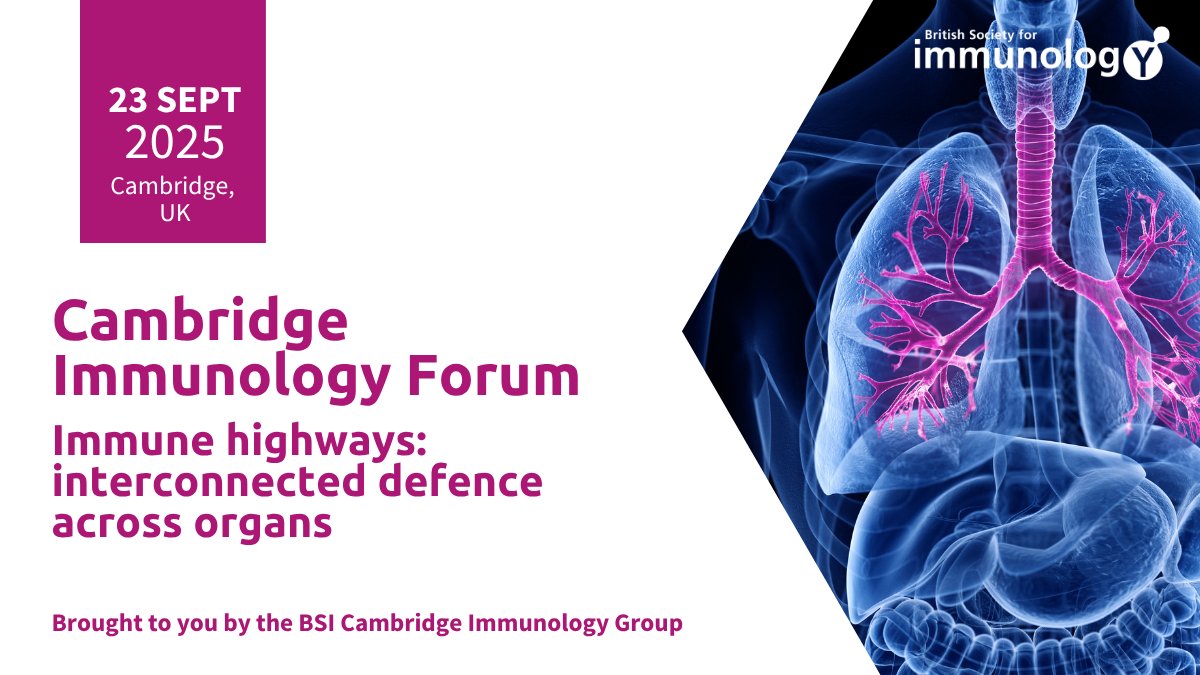 Don’t miss the Cambridge Immunology Forum 2025 – just over a week away! #BSICambridge25 

Join us on 23 Sept at Queens’ College, Cambridge for a day of cutting-edge talks on immune migration, gut–brain axis, vascular immunology &amp; more. 

Register now 👉 bit.ly/4kuhr8Z