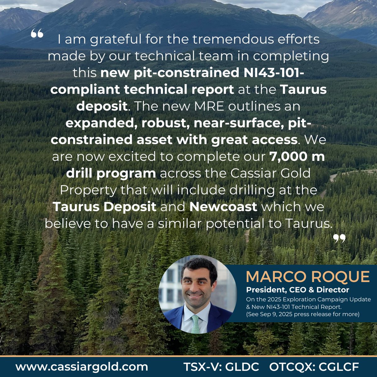 CEO <a href="/MarcoBRoque/">Marco Roque</a> on the 2025 Exploration Campaign Update &amp; New NI43-101 Technical Report.

📝Read the full release here: cassiargold.com/cassiar-gold-p…

$GLDC.V $CGLCF