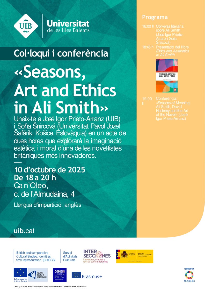 JIPrietoArranz's tweet photo. Ali Smith &amp; David Hockney - what's the connection? 🤔 Join us 10 Oct  for "Seasons, Art &amp; Ethics in Ali Smith"! Lecture links their work.  6 PM, Ca n'Oleo, Palma. Details: https://t.co/prEFG6tgzr #AliSmith #DavidHockney #Literature #Art @UIBuniversitat @ComeInPalma https://t.co/LPPJ1vJc8M