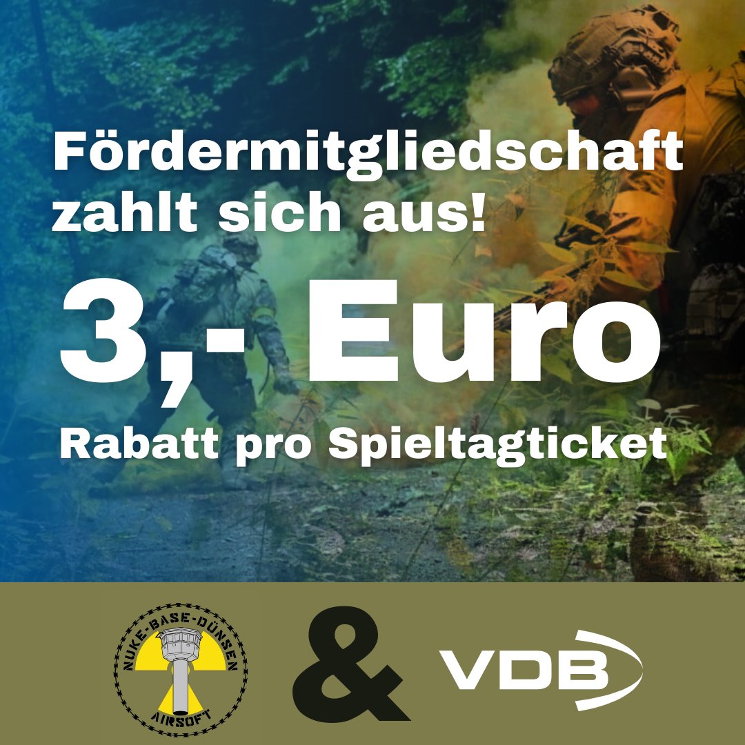Tolle Neuigkeiten für alle Airsoftspieler unter unseren Fördermitgliedern: Das Spielfeld Muna Dünsen im Landkreis Oldenburg, betrieben von Nukebase Airsoft, bietet ab sofort einen besonderen Vorteil.

Mit Vorlage eines gültigen Mitgliedsausweises erhalten Fördermitglieder einen