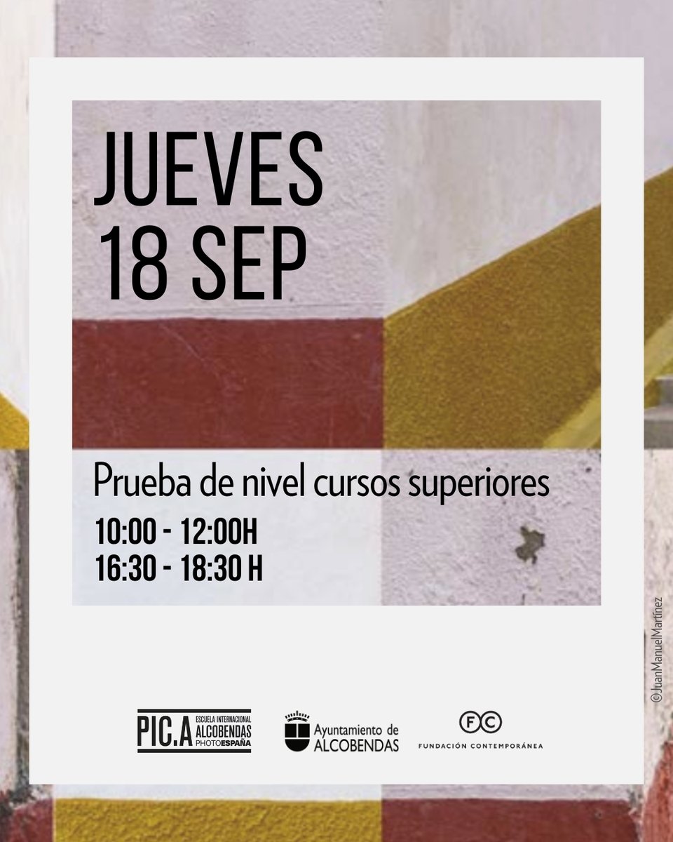 📸¿Quieres llevar tu fotografía al siguiente nivel? 
Este 18 de septiembre tienes la prueba de nivel para acceder a los cursos superiores de PIC.A
🗓 18 sept. 10-12h / 16:30-18:30h 
📍 Espacio Miguel Delibes, Alcobendas 
🔗 alcobendas.org
✨ Plazas limitadas
#fotografia