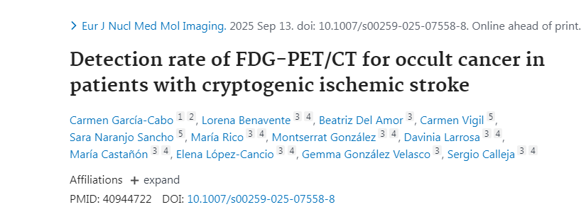PubMed- onx.la/52ab0 Detection rate of FDG-PET/CT for occult cancer in patients with cryptogenic ischemic stroke <a href="/HUCA_Asturias/">@HUCA</a> #publiHUCA #Neurology #NuclearMedicine <a href="/FINBAsturias/">FINBA</a> <a href="/Montecoya/">Sergio Calleja</a>