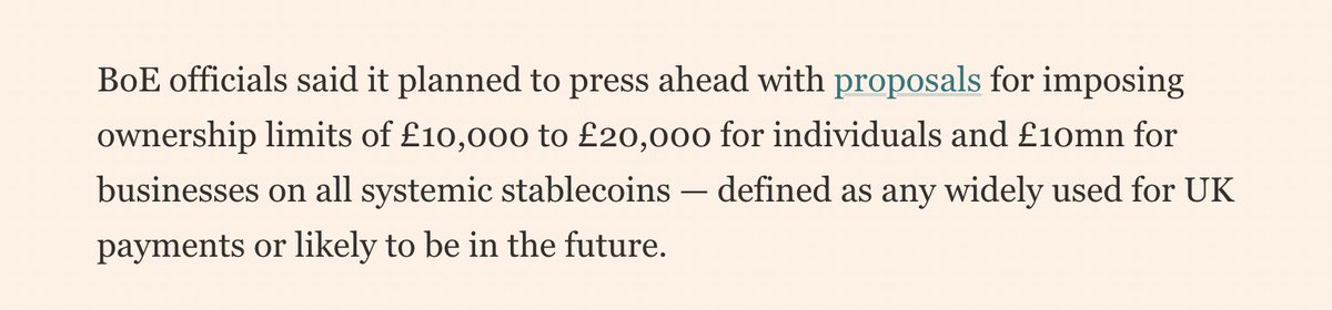 MacroCRG's tweet image. The Bank of England are trying to force through plans to limit stablecoin holdings for UK citizens.

I saw a few tweets about this and thought it was a joke, this is per @FinancialTimes. 

You will own nothing and be happy.