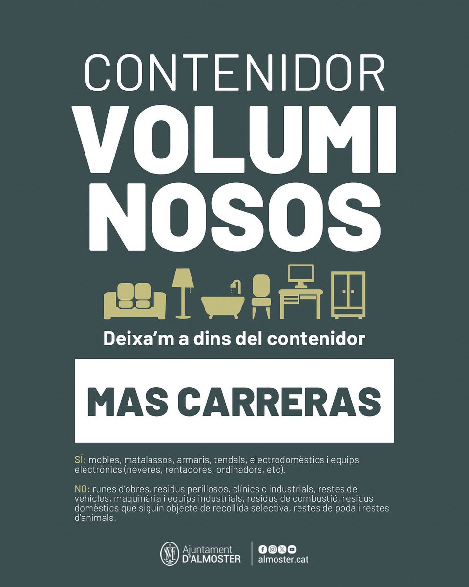 ♻️ MEDI AMBIENT

Si voleu desfer-vos de mobles, grans electrodomèstics, matalassos, somiers, estris de la llar o altres residus voluminosos, podeu trobar el contenidor situat a la urbanització Mas Carreras.

Recordeu que és obligatori dipositar els voluminosos a l’interior.