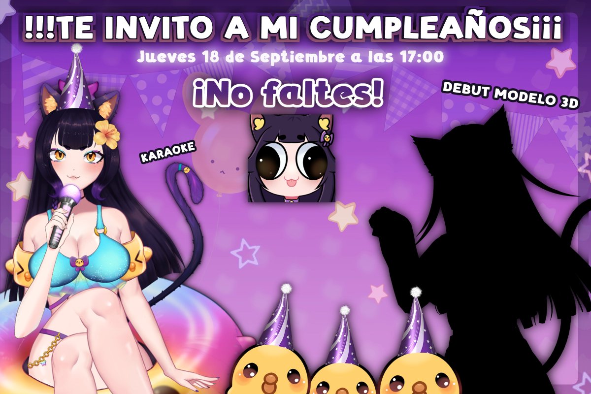 🎉✨ ¡MI CUMPLEAÑOS ESTÁ CERQUITA! ✨🎉
Este jueves 18 de septiembre a las 17:00 ES (⌒▽⌒)☆

🎤 Tendremos karaoke
👀 ¡DEBUT MODELO 3D!

🧁🎈¡Ven a celebrar conmigo, cantar, reír y pasarla genial! No olvides pasarte ese día por Twitch y compartir 🐾

🫶 ¡OS ESPERO!