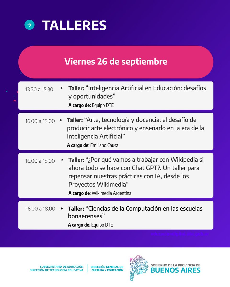 ¡Inscribite en los talleres de las Segundas Jornadas de Educación Digital! 🗓️ Te esperamos el 25 y 26 de septiembre en el Edificio Sergio Karakachoff de #LaPlata.

Accedé al formulario forms.gle/TUQDQ5tCuALWxe… y elegí entre 11 talleres teórico-prácticos: