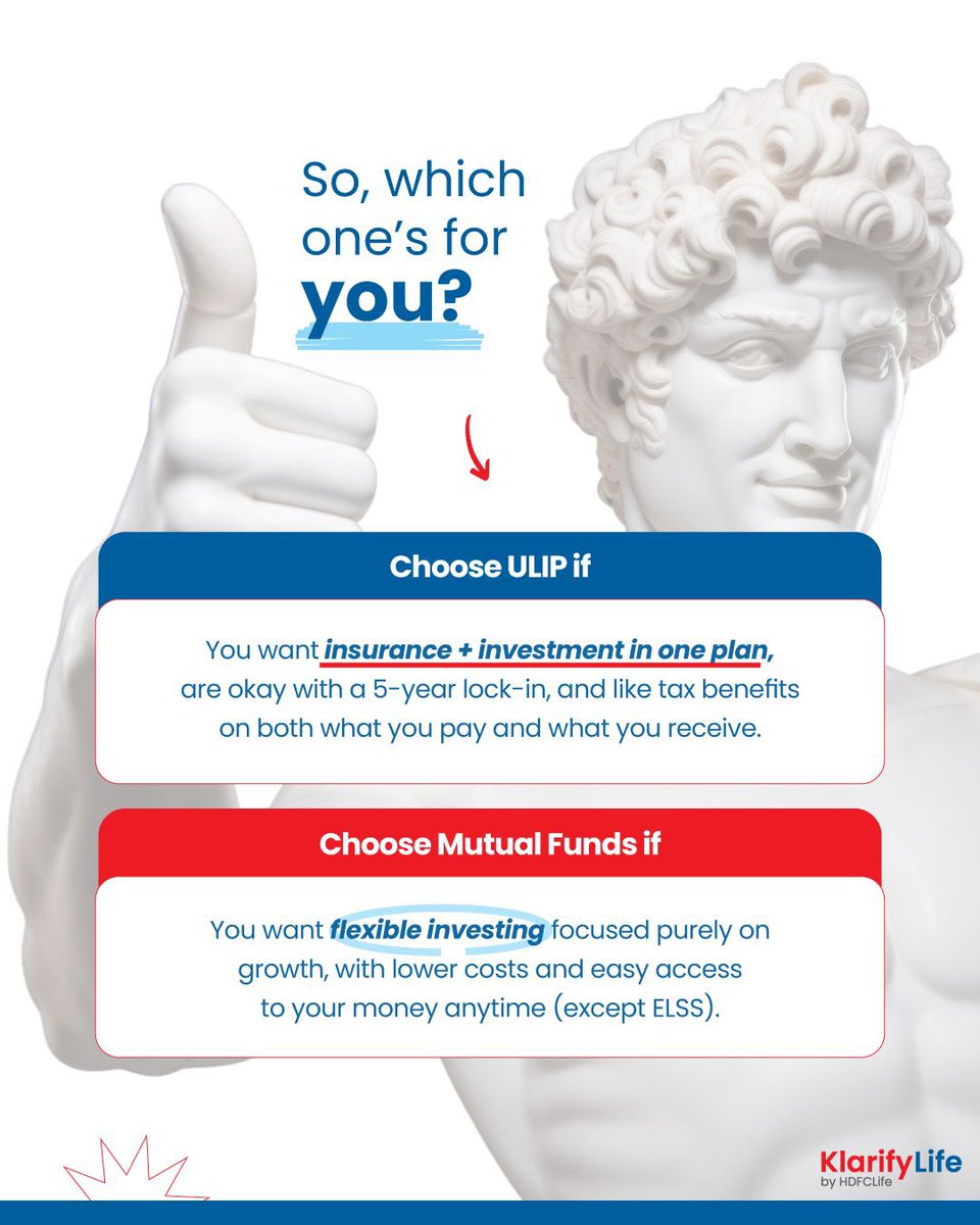 klarifylife's tweet photo. ULIPs or Mutual Funds?
ULIPs give you market-linked growth + insurance + tax perks, while Mutual Funds give you pure market-linked growth.
Which one works for you? Or do you need both?
Know the difference and plan better!

#ulips #mutualfunds #investmenttips #financialplanning https://t.co/up3FFZKKUO