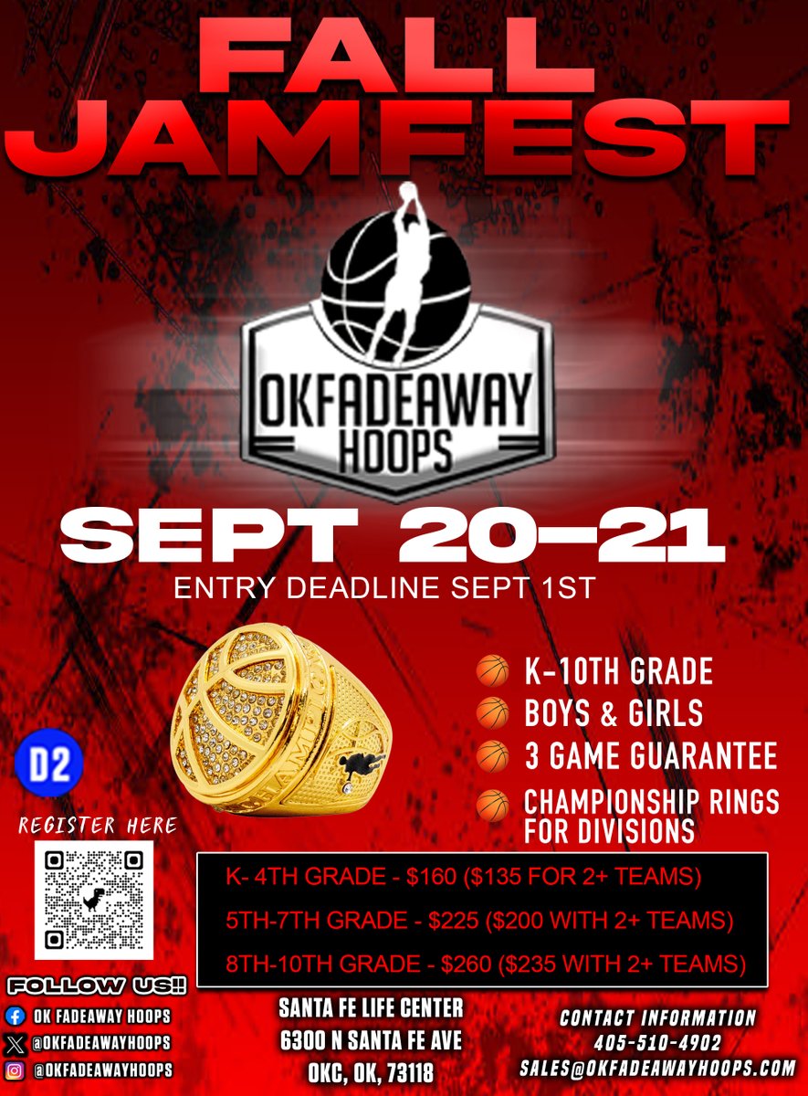 🚨 Deadline 9PM Tonight! 🚨
🏀 Fall JamFest (D2) – Sept 20–21
📍 OKC | Santa Fe Life Center
💍 3GG + Championship Rings
👉 Click link in bio to register
