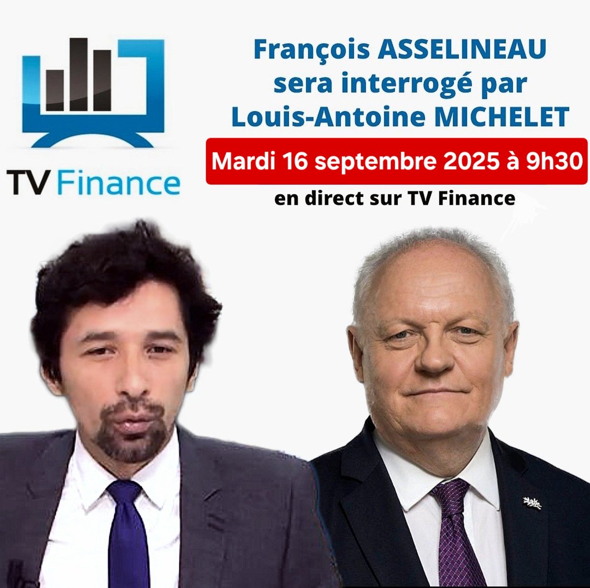 f_asselineau's tweet photo. 📺 ENTRETIEN SUR TV-FINANCE
Je suis interrogé en direct
par Louis-Antoine Michelet
sur TV-Finance
mardi 16 septembre 2025
de 9h30 à 10h30
▪️les conséquences du A+ de Fitch
▪️Pourquoi Lecornu a-t-il été nommé ?
▪️Nouvelle dissolution ?
▪️La rentrée de l'UPR
https://t.co/HLKtgsyYKo