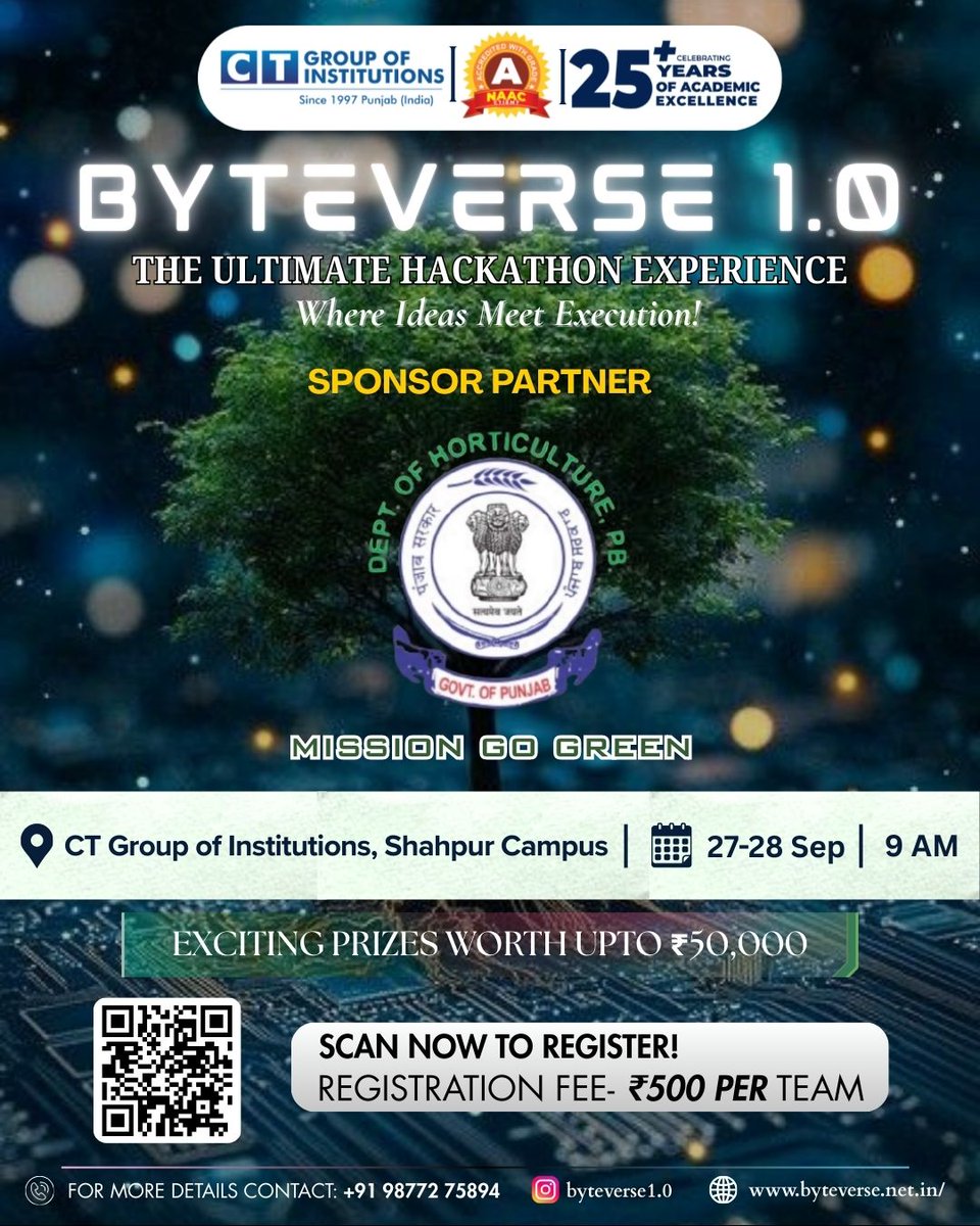 byteVerse_1_0's tweet image. 🌱 Thrilled to have the Department of Horticulture, Govt. of Punjab as the Mission Go Green Sponsor for ByteVerse1.0!

Together, we’re driving innovation with sustainability at its core 💡💻🌍

📅 27–28 Sept 2025 | 🏆 ₹50K Prize Pool

#ByteVerse2025  #CTByteVerse #MissionGoGreen