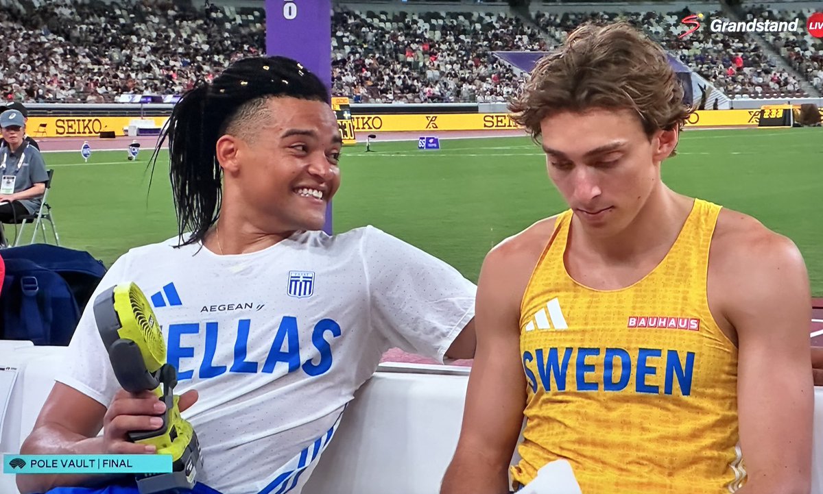 Incredible scenes from Tokyo as Keralis, who secured silver behind Duplantis, cools his opponent who prepares to attempt another World Record jump…