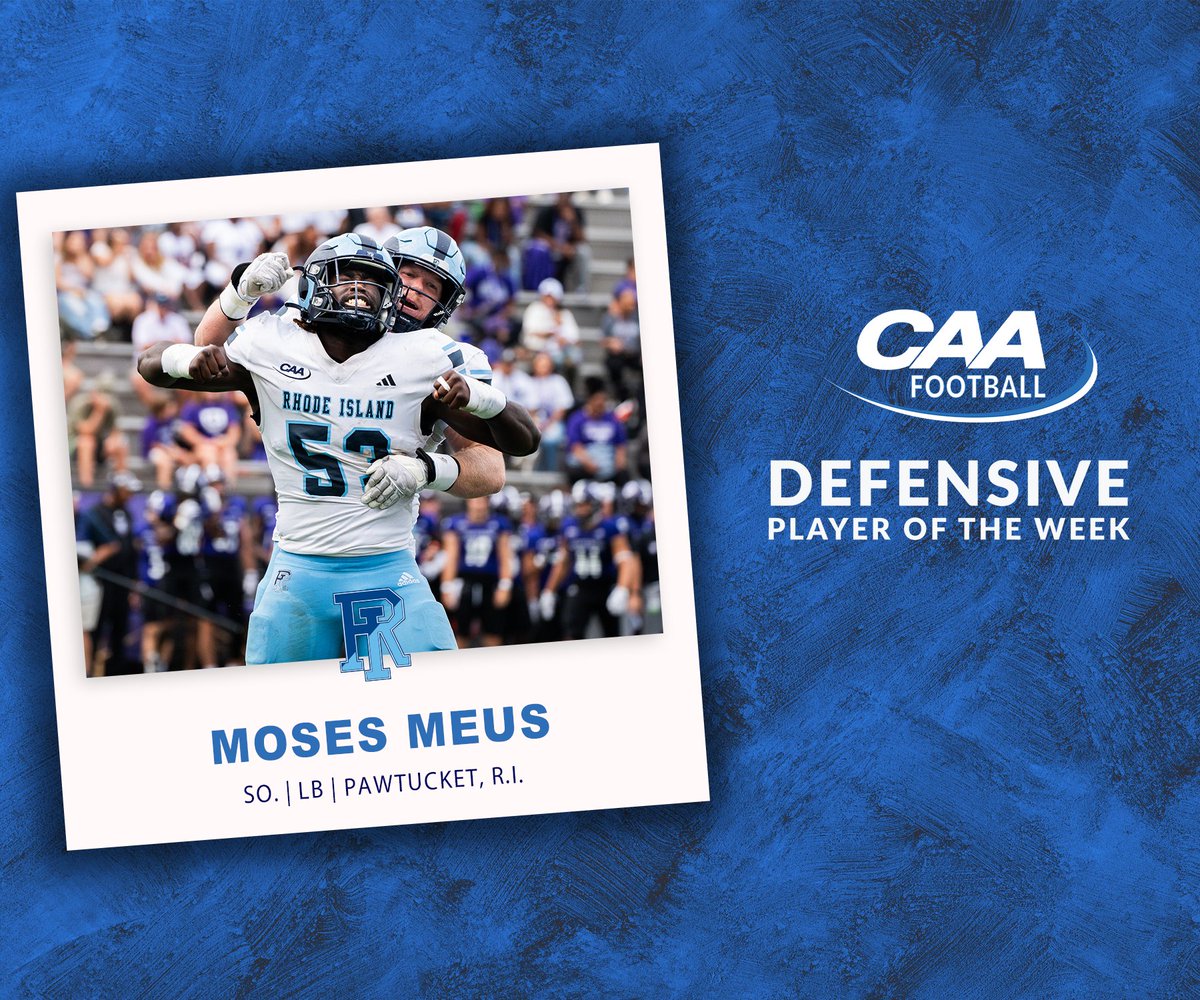 CAA Football (@caafootball) on Twitter photo #CAAFB Defensive Player of the Week
Moses Meus led a dominant effort from the <a href="/RhodyFootball/">Rhody Football</a> defense, recording a team-high seven tackles and a sack as the Rams edged Holy Cross, 9-7
📰 tinyurl.com/4pksbbad #CAAFB Defensive Player of the Week
Moses Meus led a dominant effort from the <a href="/RhodyFootball/">Rhody Football</a> defense, recording a team-high seven tackles and a sack as the Rams edged Holy Cross, 9-7
📰 tinyurl.com/4pksbbad