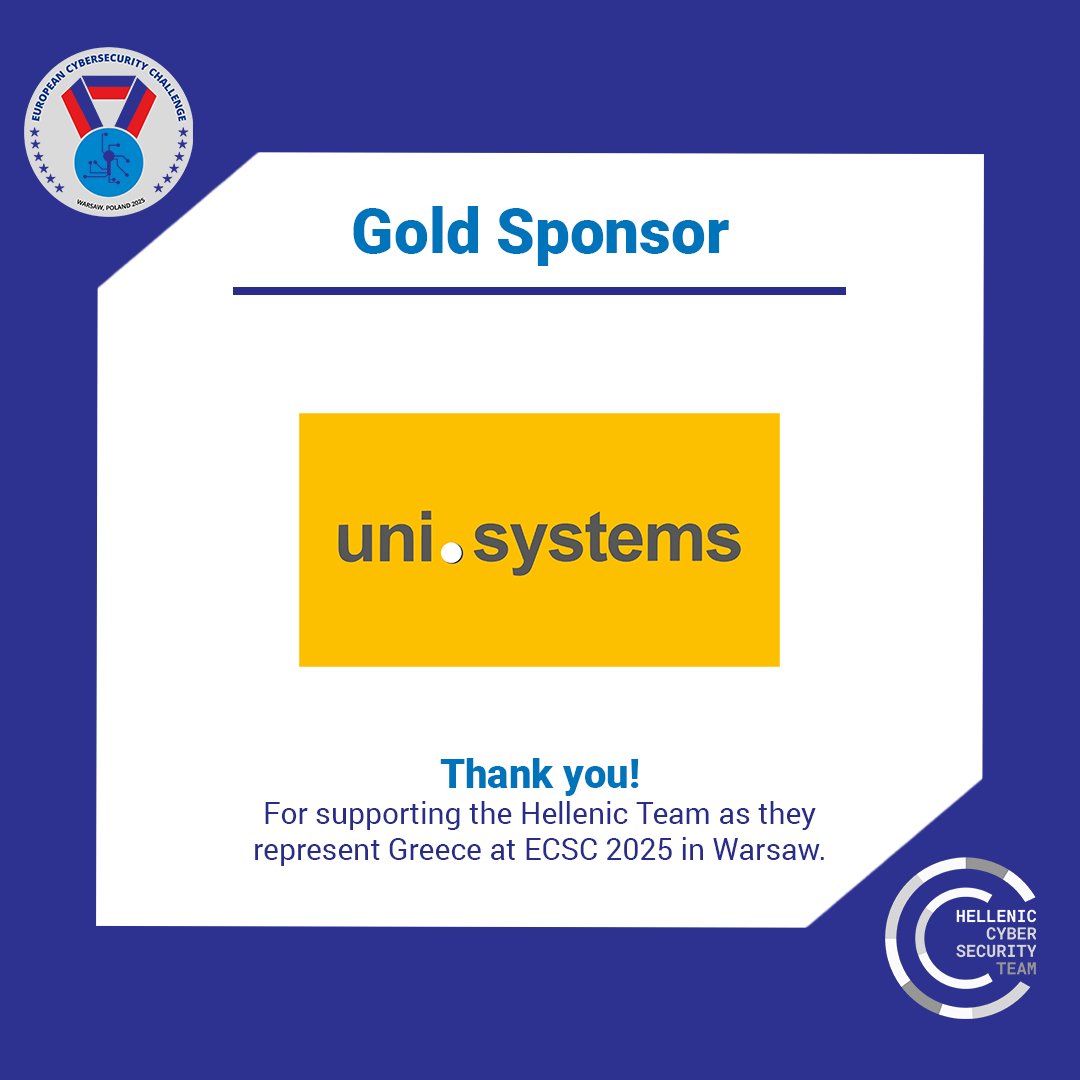 ECSCGR's tweet photo. We are proud to have @UniSystems_GR as an official Gold Sponsor of Team Greece for the European Cyber Security Challenge 2025.

Their commitment contributes to cultivating future experts and enhancing cybersecurity resilience.

#TeamGreece #ECSC2025 #ECSC #Unisystems #sponsor https://t.co/VBXy8yytP6