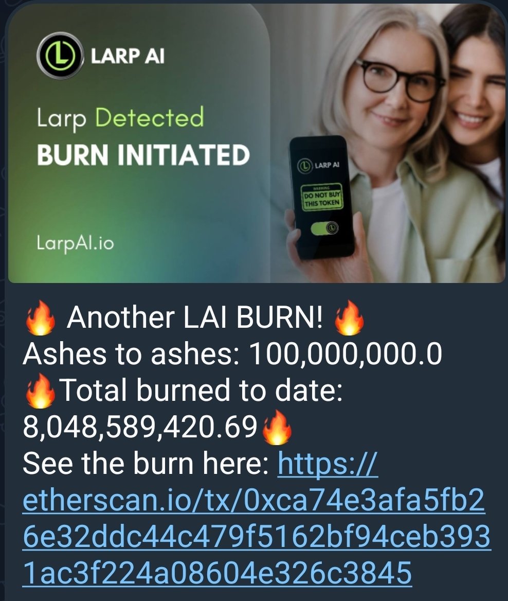 Another 0.1% $LAI burnt forever. <a href="/LarpAINetwork/">Larp AI</a> doesn't stop and community wont take the foot off the gas. Join a winning team