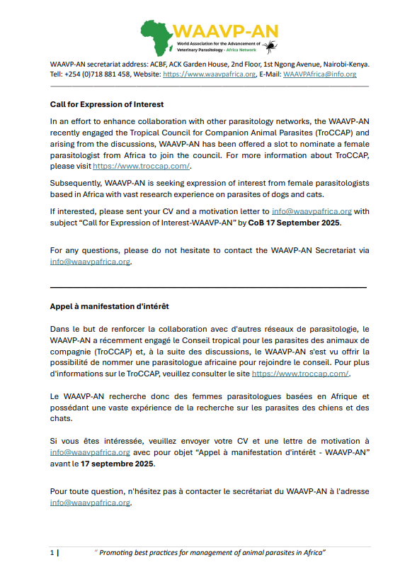 WAAVP-AN invites female parasitologists in Africa with research experience on dog &amp; cat parasites to express interest in joining TroCCAP.

Apply by sending CV + motivation letter to info@waavpafrica.org by 17 Sept 2025.
waavpafrica.org