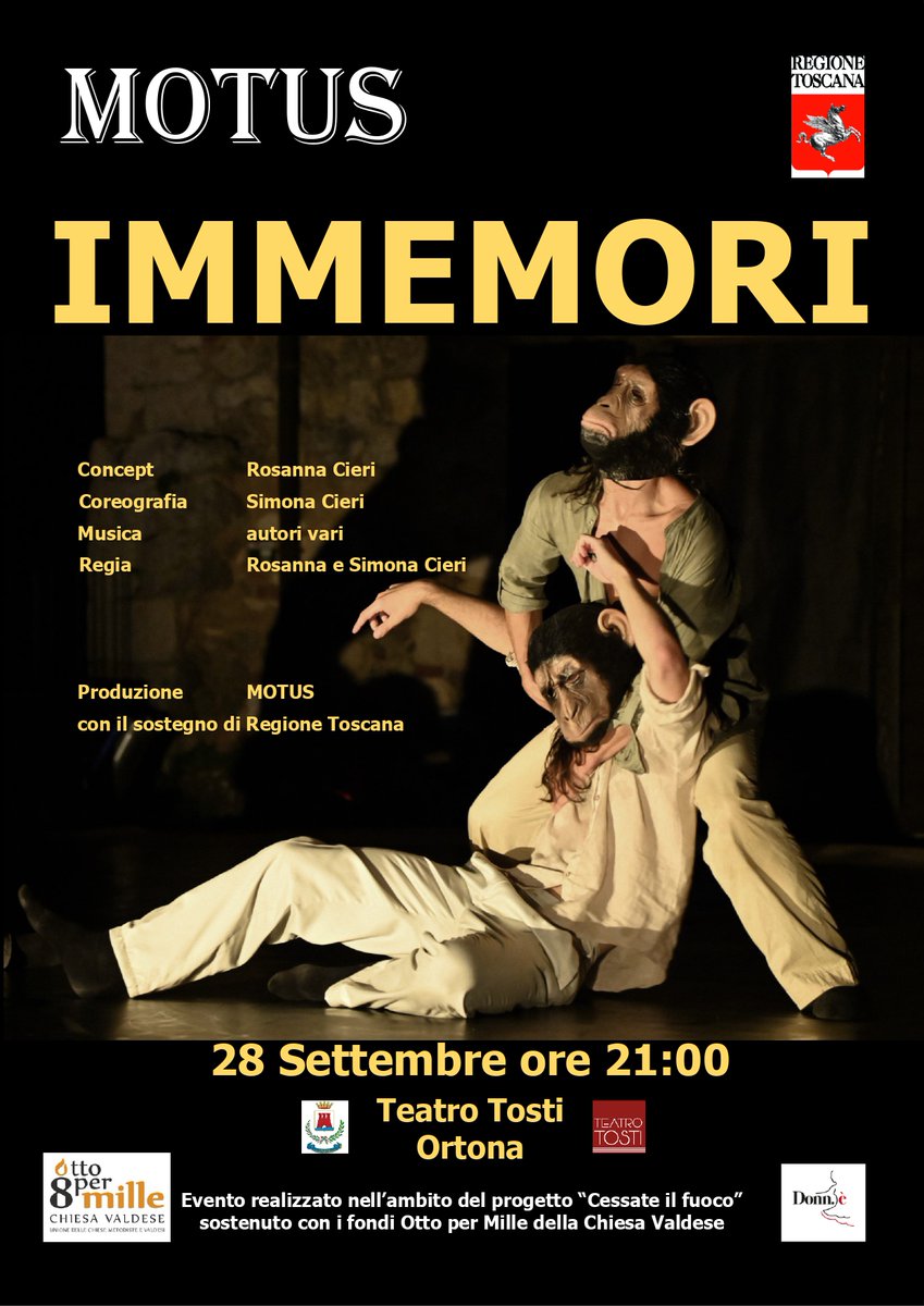 Il 28/09 alle 21 al teatro Tosti di Ortona MOTUS porta in scena "IMMEMORI", lavoro contro tutte le guerre per la tappa abruzzese di Cessate il Fuoco, progetto sostenuto con i fondi <a href="/8x1000Valdese/">OttoperMille Valdese</a>. L’evento è organizzato da ETS-APS Donn.è in collaborazione con il Comune di Ortona