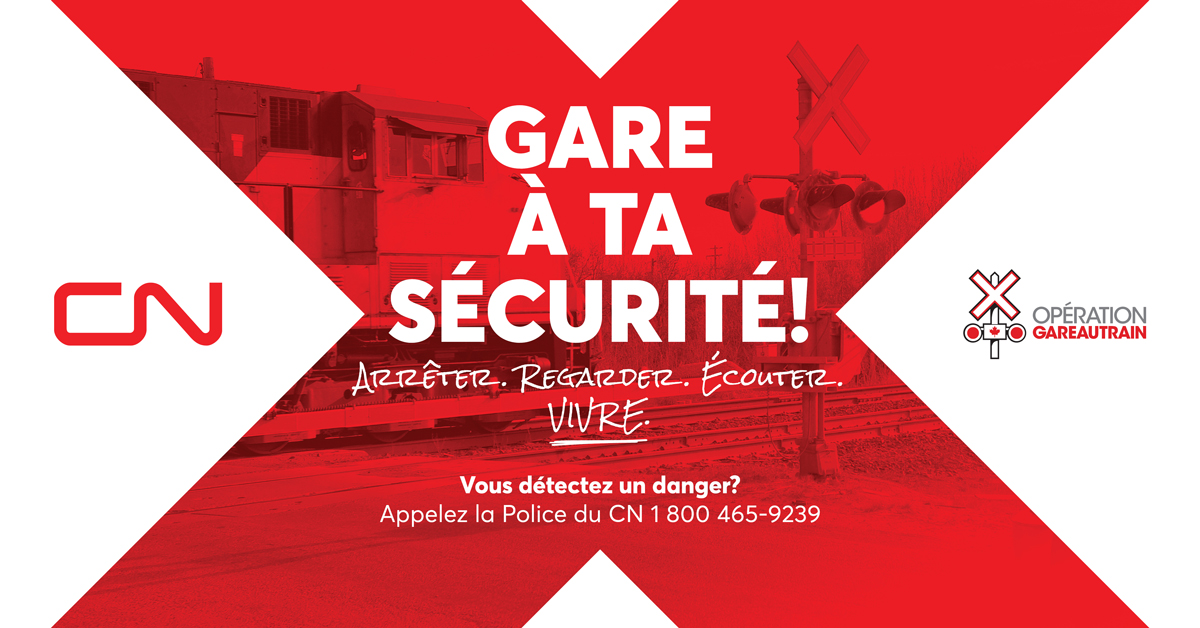 🚆 C'est parti ! La Semaine de la sécurité ferroviaire est lancée. Au volant, à pied ou à vélo, en restant vigilant à proximité des voies ferrées, on peut sauver des vies. 🚸

Arrêter 🚫 Regarder 👀 Écouter 👂 Vivre. Pour en savoir plus, rendez-vous au cn.ca/securiteferrov…