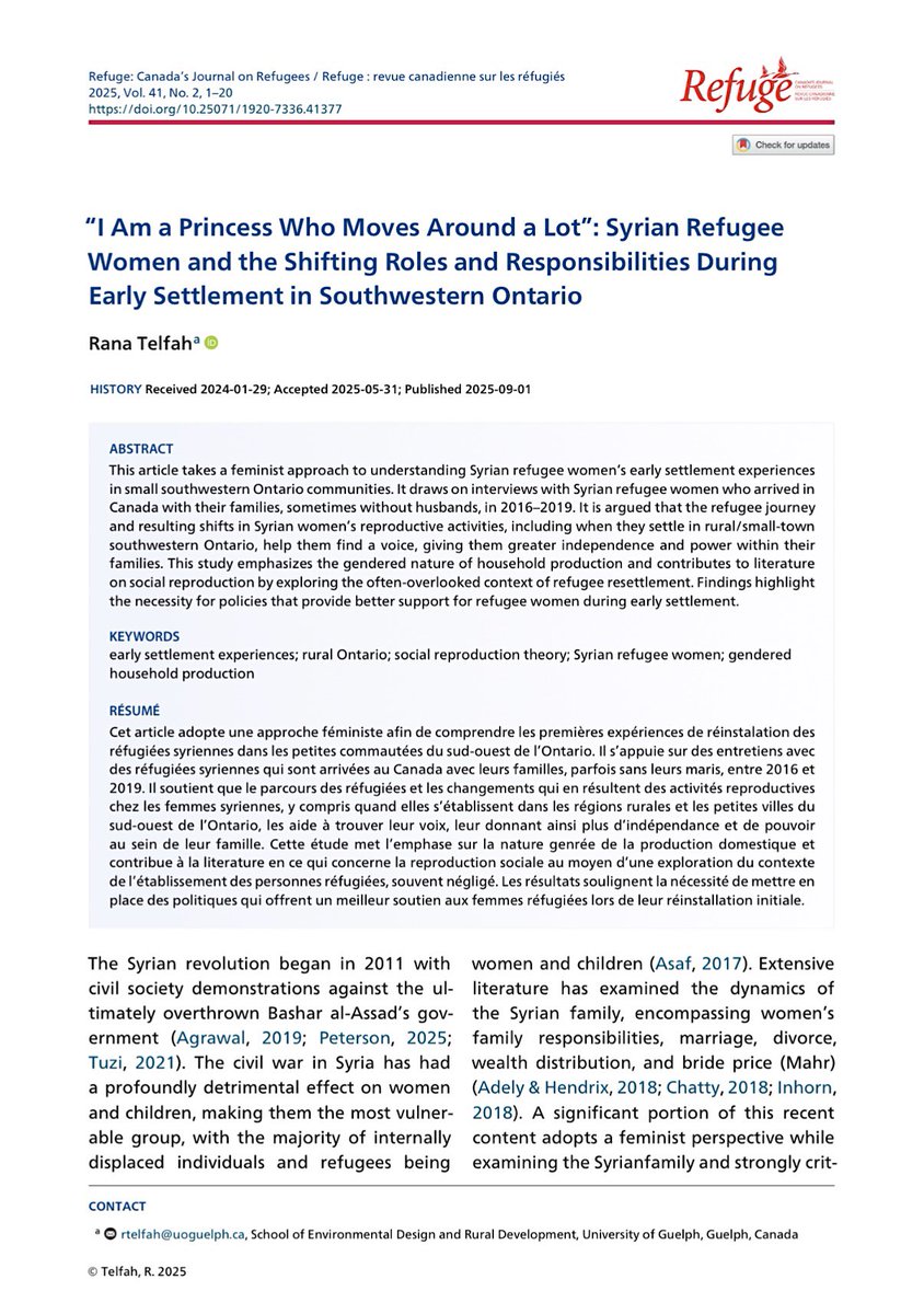Rana Telfah captures the settlement stories of Syrian refugee women who find themselves in rural Ontario, highlighting the increased responsibilities and independence women take on as they navigate new landscapes. Read the #OpenAccess article here: refuge.journals.yorku.ca/index.php/refu…