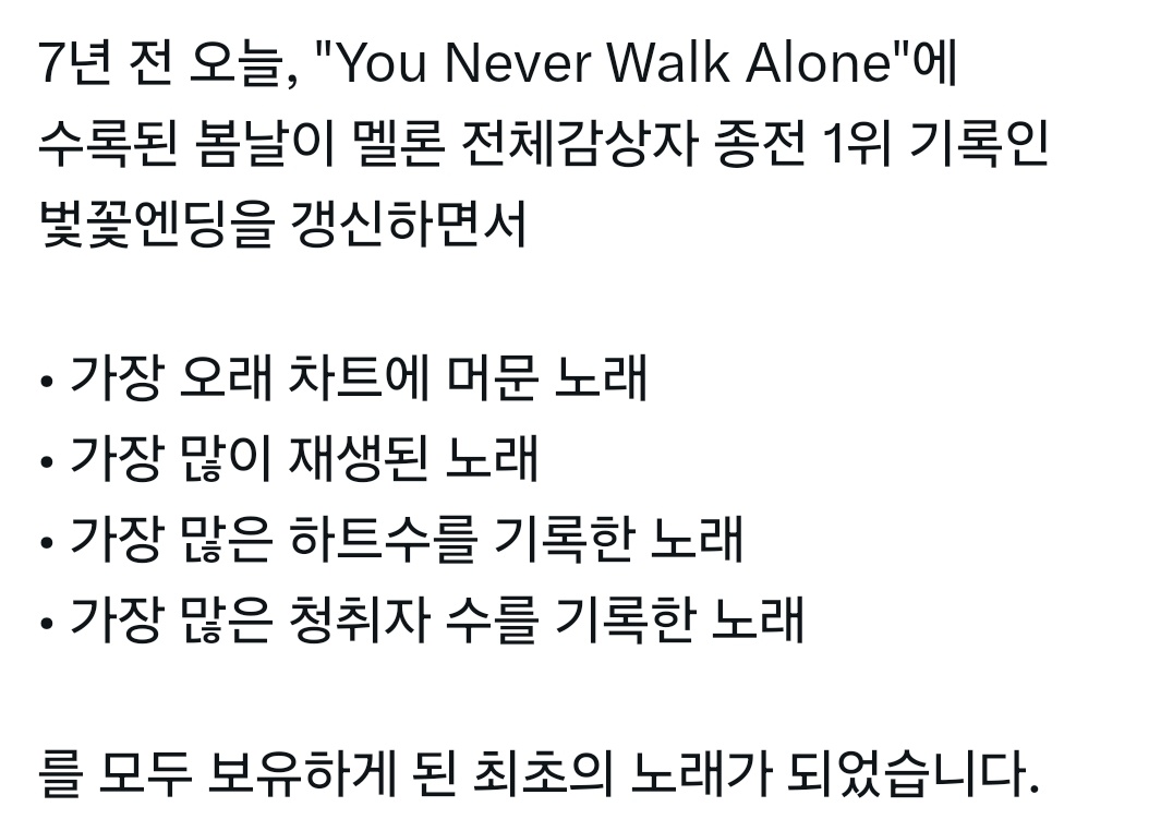 봄날..2017년 발매 이후 처음으로
멜론 주간 차트에서 아웃됨...😿😿

멜론 역사상 이런 기록이 달성된 적도 있었음..