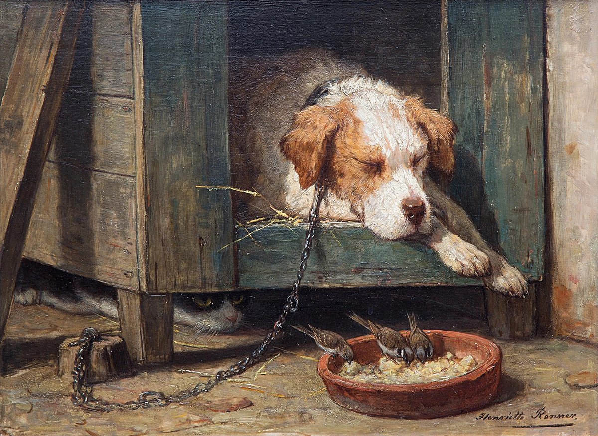 ServingArt's tweet image. Cat spies on birds near a sleeping dog, (1875) — by Henriette Ronner-Knip.