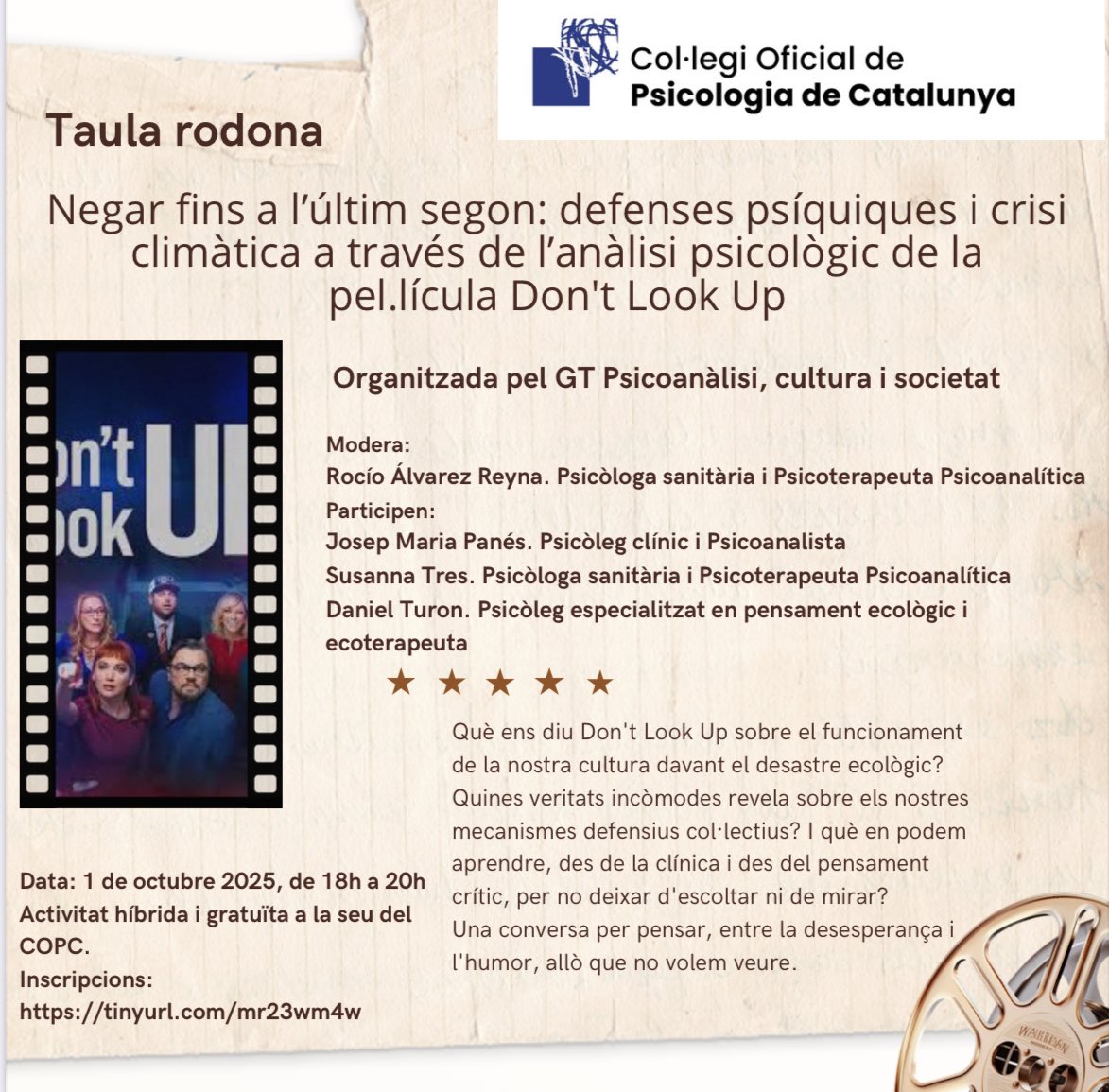 Taula rodona al COPC sobre el canvi climàtic i allò que en la subjectivitat de cadascú fa que no volguem saber-ne.

1 d’octubre, dimecres, 18h.
Presencial i online, amb inscripció prèvia: últims dies!

tinyurl.com/mr23wm4w