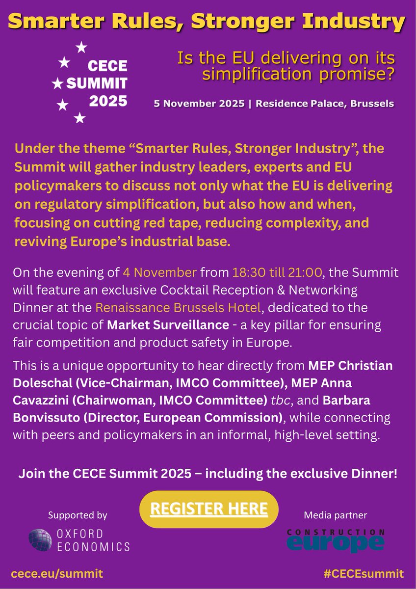 📣 Join the #CECEsummit 2025 - don’t miss the Networking Dinner on the evening before!

🗨️MEP Christian Doleschal (<a href="/Europarl_EN/">European Parliament</a>)
🗨️MEP Anna Cavazzini (<a href="/Europarl_EN/">European Parliament</a>) tbc
🗨️Barbara Bonvissuto (Director <a href="/EU_Commission/">European Commission</a>)

📅 4 Nov | Brussels
👉 Register: bit.ly/4fkegil