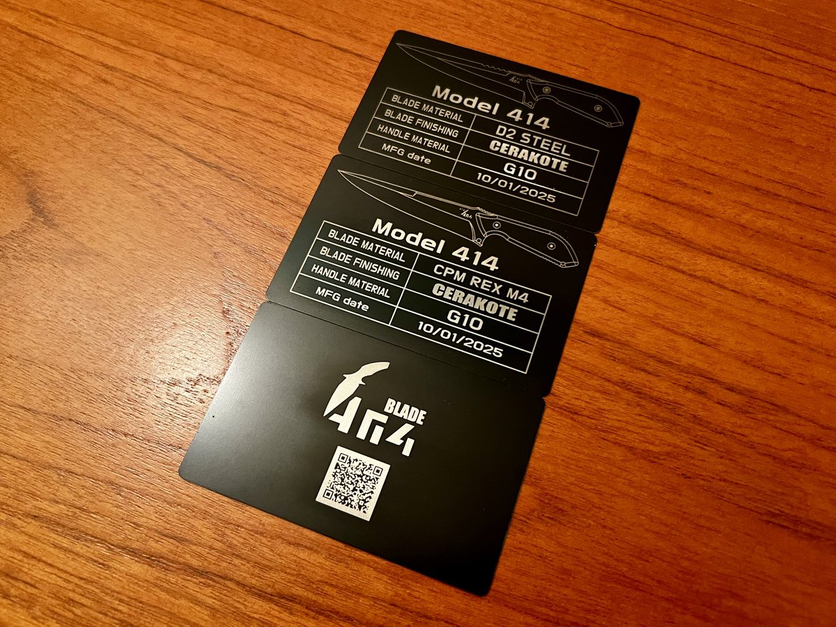 404situation's tweet photo. ナイフには金属製のSPECカードが同梱してあります。
絵柄は同じ414シリーズでも、それぞれのナイフに合わせて変えています。
#404blade
#knife
#knifemaking
#ナイフ
#ナイフメイキング https://t.co/hXggjThuQN