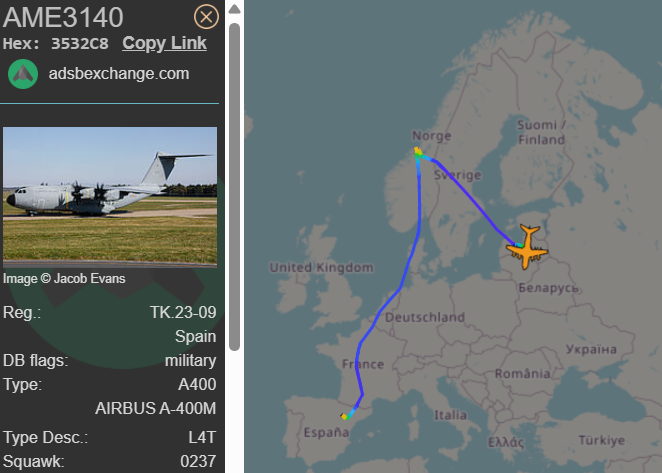 MilRadar's tweet photo. A400M TK.23-09 del Ejército del Aire desciede hacia Lielvarde, Letonia procedente de Brekstad, Noruega a donde llegó desde Zaragoza. https://t.co/p18ZYYRFUK