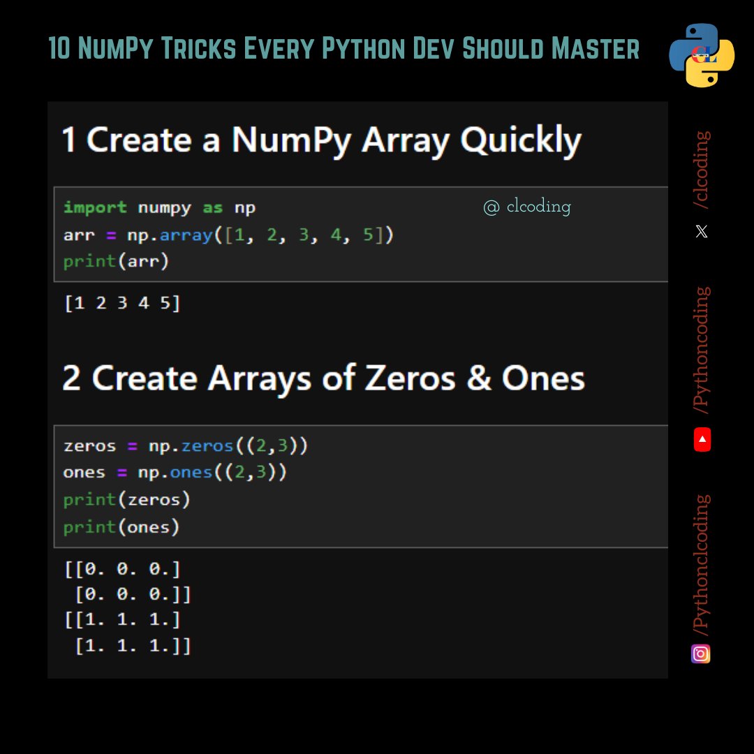 clcoding's tweet image. 10 NumPy Tricks Every Python Dev Should Master