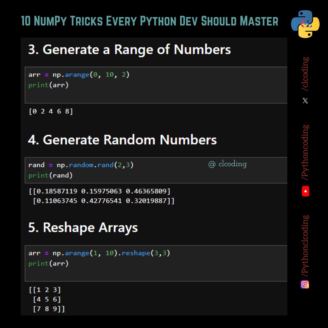 clcoding's tweet image. 10 NumPy Tricks Every Python Dev Should Master