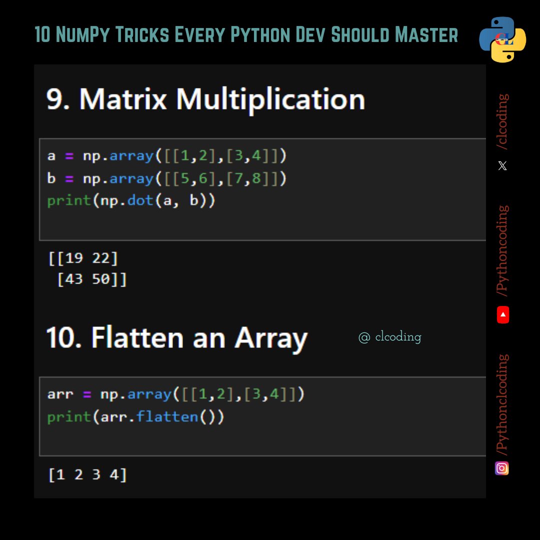 clcoding's tweet image. 10 NumPy Tricks Every Python Dev Should Master