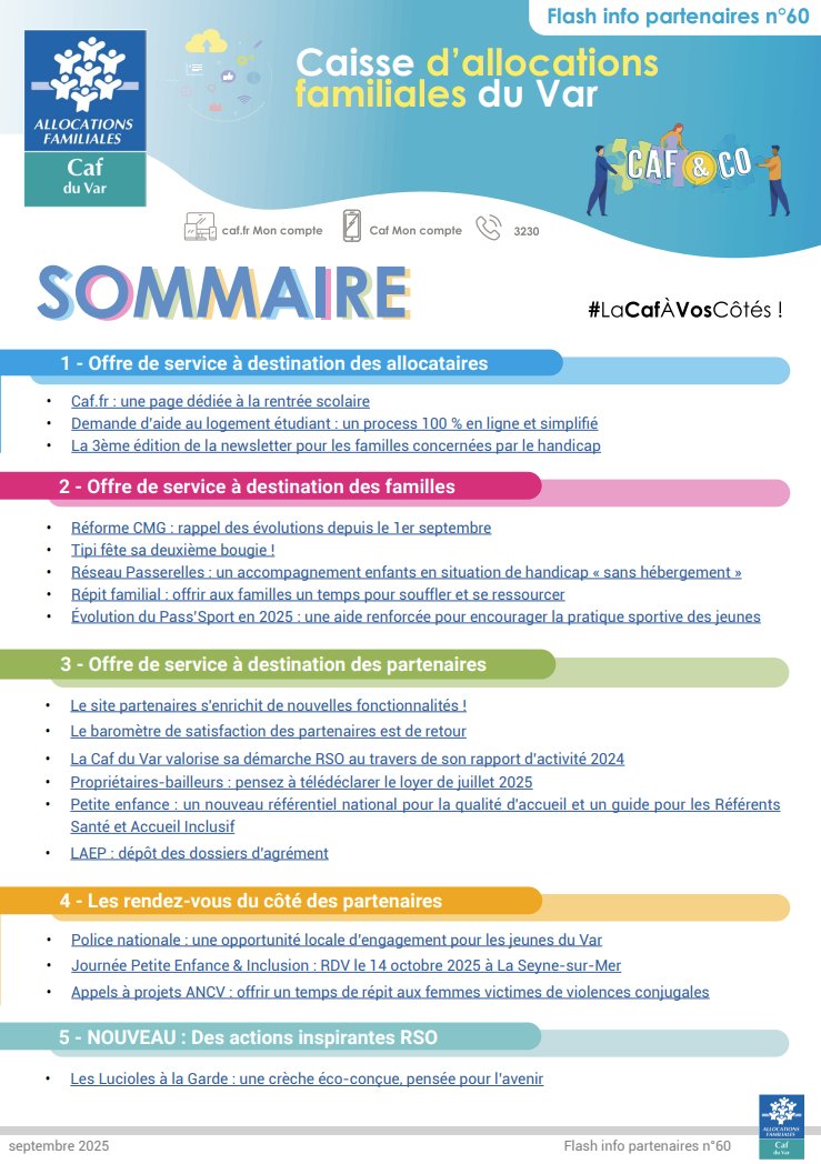 📣 Le Flash Info Partenaires n°60 est sorti !

Au programme : services aux familles, aux allocataires, pour les partenaires, rendez-vous à ne pas manquer et actions inspirantes RSO 🌱

Pour le découvrir : urlr.me/7PRkJj

Bonne lecture 📖

#Partenaires #Familles #Caf