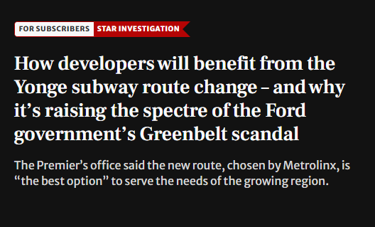 #ONpoli #TOpoli 

Ontario Line: Doug Ford adds "Science Centre" station next to huge De Gasperis property and also pushes to develop the Science Centre property

Yonge North: Doug Ford re-routes the subway to maximize development of land purchased by De Gasperis companies