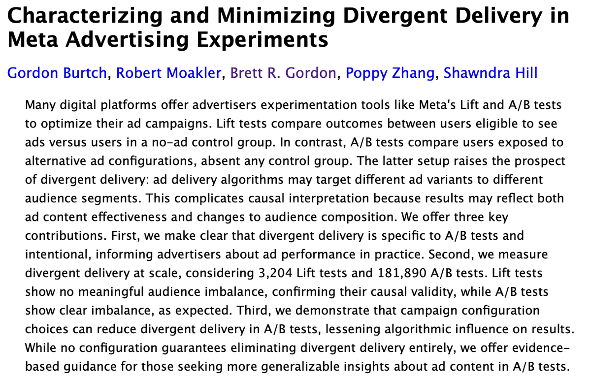 brett__gordon's tweet photo. 1/ New paper on advertising A/B &amp; Lift Tests! 📄

Lots of debate about these, especially on *divergent delivery*, when ad delivery algos push different campaign variants to different audience segments. Implications?

Paper: https://t.co/nXtxTk26Lk @gburtch https://t.co/iVd4Tfprj1