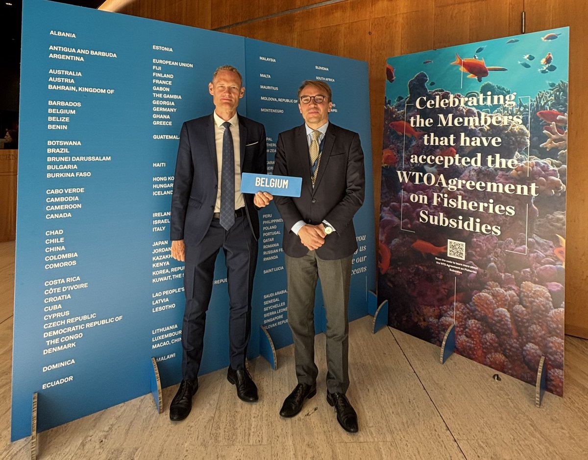 BelgiumUNGeneva's tweet photo. Very pleased to attend the ceremony on the entry into force of the #WTO Agreement on Fisheries Subsidies. This is a crucial instrument to protect our oceans and fish stocks. Important achievement for WTO and the multilateral trading system.
@NOIweala @wto https://t.co/0UVexj0Aej