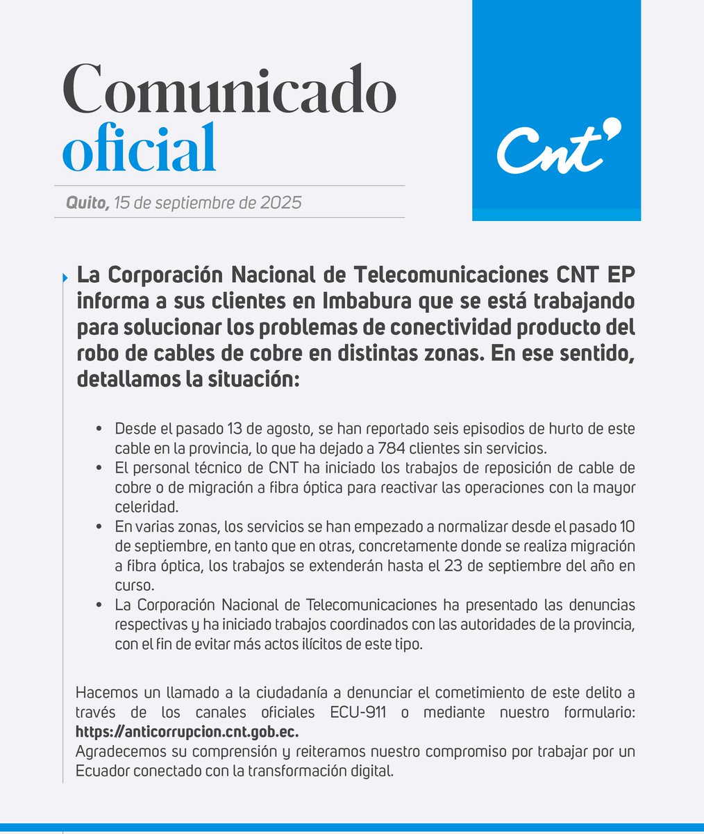 🔵 Ante circunstancias externas que han generado problemas de conectividad de nuestros clientes en #Imbabura, <a href="/CNT_EC/">CNT Ecuador</a> se permite informar: