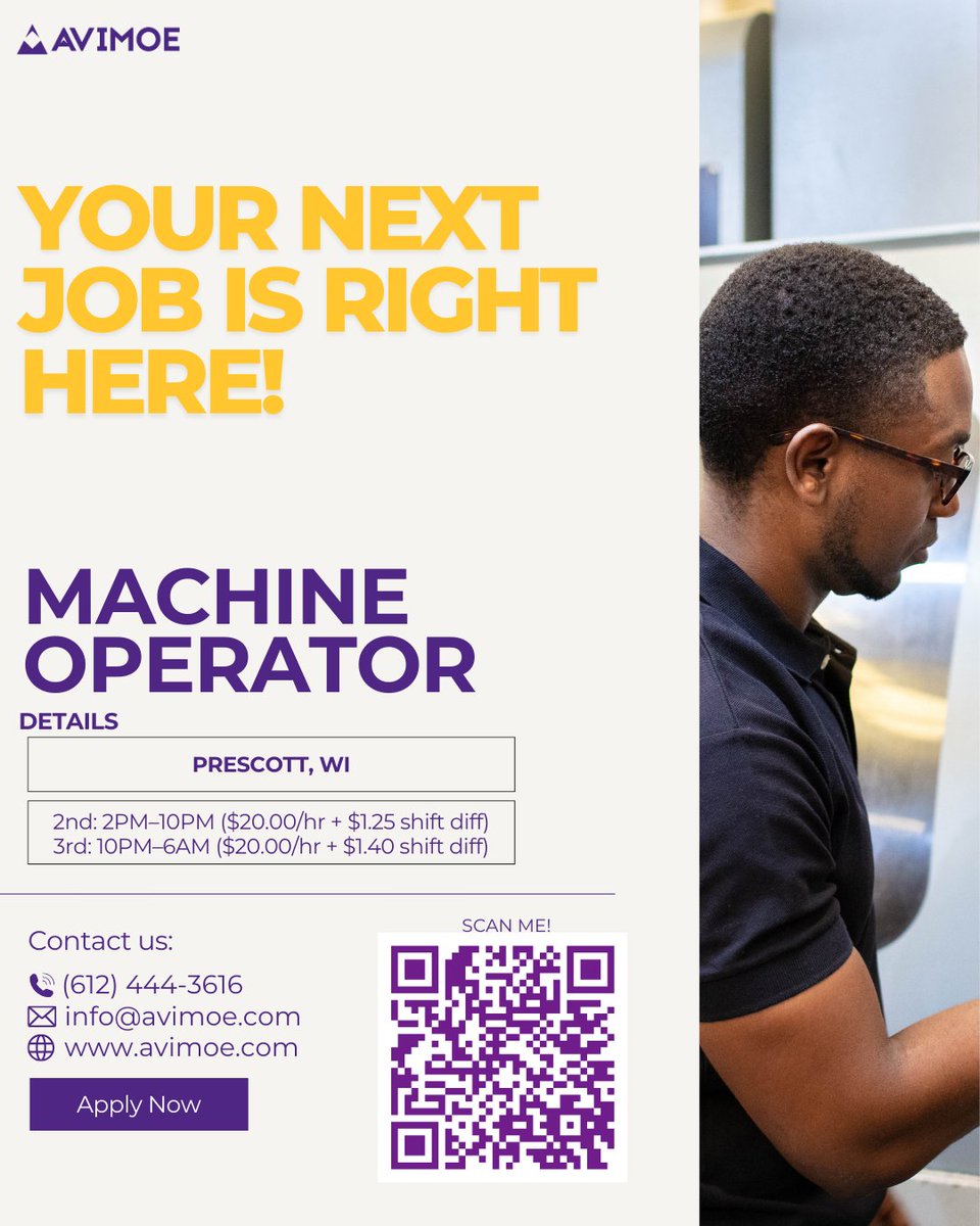 avimoe_wc's tweet image. 🚨 WE’RE HIRING: Machine Operators – Prescott, WI! $20/hr + shift differentials, benefits, PTO &amp;amp; growth. 2nd &amp;amp; 3rd shifts available. Roles filling FAST—book your interview today 👉 avimoellc.sensehq.com/scheduler/2352…