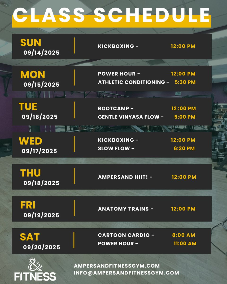 AmpersandFit's tweet image. 💥 New week, new classes! 💥
From Kickboxing to Yoga Flow, Power Hour to HIIT, we’ve got you covered.
📅 Sept 14–20, 2025
📍 Ampersand Fitness

Check the full schedule ⬇️
ampersandfitnessgym.com
#AmpersandFitness #SeattleFitness #ClassSchedule