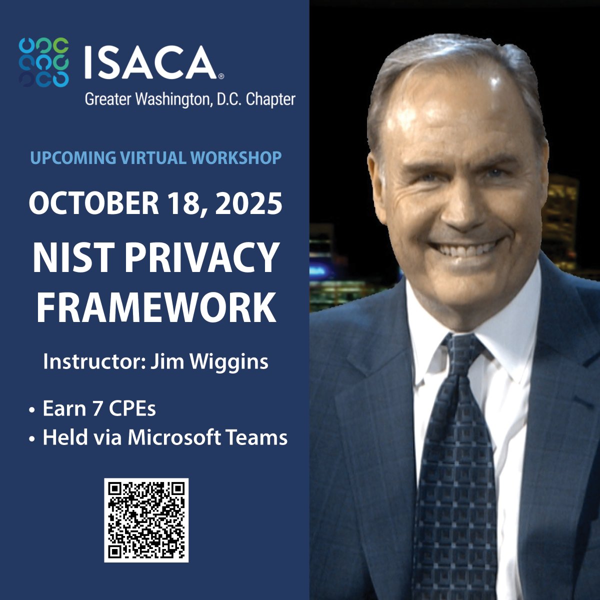 📢 Join ISACA GWDC Oct 18 for a virtual NIST Privacy Framework workshop led by expert <a href="/JimWiggins99/">Jim Wiggins</a>

✨ Earn 7 CPEs
💻 Microsoft Teams
💲 $125 members | $200 others

🔗 Register: isaca-gwdc.org/event/nist-pri…

#ISACAGWDC #Privacy #Cybersecurity #CPEs