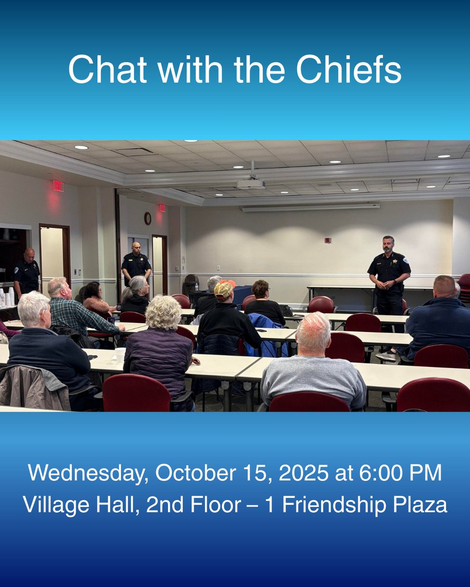 Addison Police would like to invite you to our next “Chat with the Chiefs” to be held on Wednesday, October 15, 2025, at 6:00 PM at the Village Hall, 2nd Floor, 1 Friendship Plaza.
Meet our Police Chiefs, hear updates from our Department, and share your questions or concerns.
