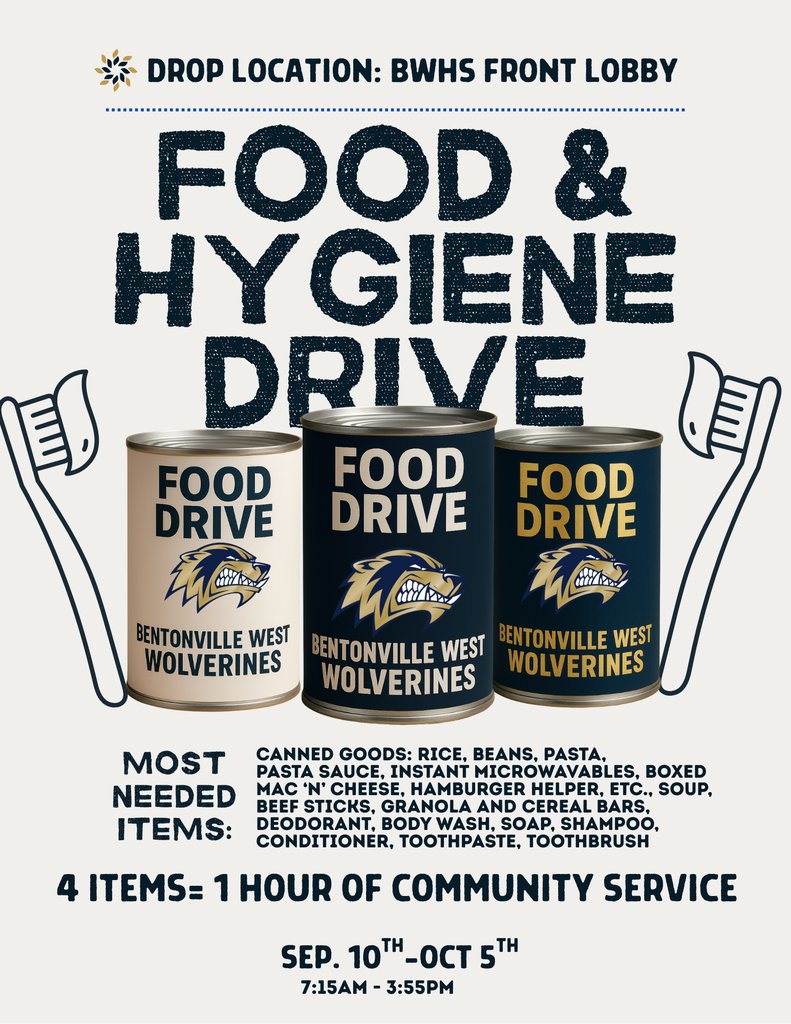 Help out the community and earn community service hours. Bring in four items for the Food &amp; Hygiene Drive to earn one hour of community service! Students will document assistant principal Sarah Merayo as their contact on their Community Service Learning log.