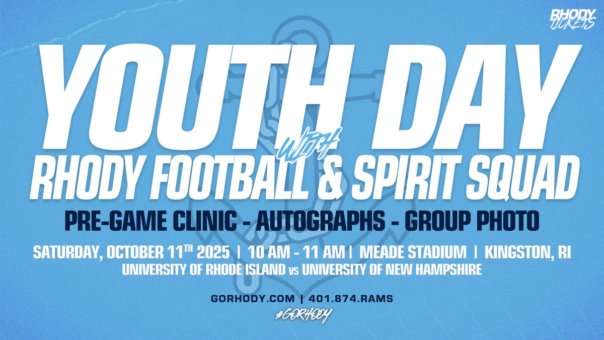 🏈𝐎𝐂𝐓𝐎𝐁𝐄𝐑 𝟏𝟏𝐭𝐡 less than a month away!🏈

𝗬𝗢𝗨𝗧𝗛 𝗗𝗔𝗬 at Meade Stadium w/ <a href="/RhodyFootball/">Rhody Football</a> &amp; Rhody Spirit squads! Grab your tix and join us on the field!

📣 10 AM clinic!
📸 Mid-field group photo!
🖊️ Autographs!
🏟️ URI vs. UNH at 1 PM!

🎟️:bit.ly/3TeK3ah