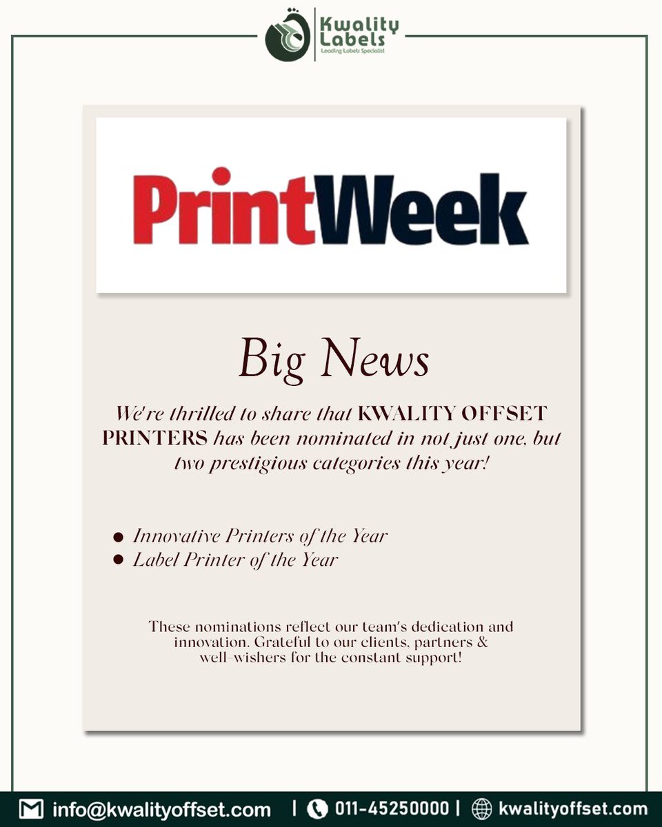 KwalityOffset's tweet image. Big news 🙌
Kwality Offset Printers is honored to be nominated at PrintWeek in TWO categories:
🏆 Innovative Printers of the Year
🏆 Label Printer of the Year
Grateful to our clients, partners &amp;amp; team for making this possible! 💛
.
.
#KwalityLabels #PrintWeek #PrintingExcellence