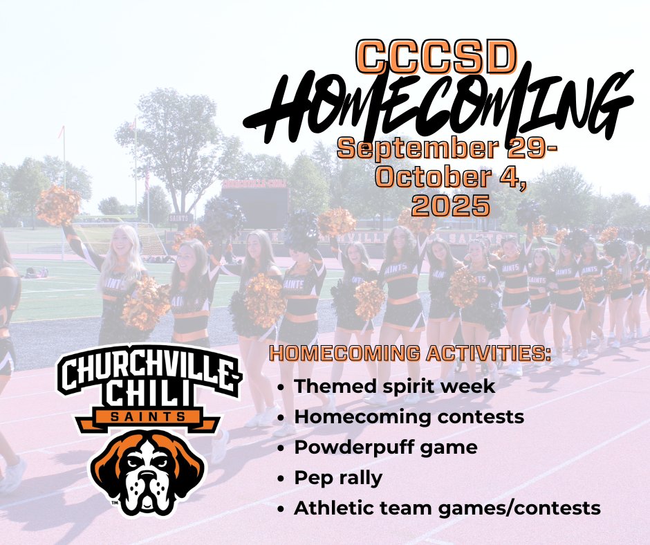 Homecoming Week at CCCSD kicks off in just two weeks—and we can’t wait to celebrate!

📅 September 29–October 4
🔥 Spirit Week
🏈 Games &amp; contests
🎉 Pep rally fun
🎭 Powderpuff and more!

Start planning your spirit wear and get ready to show your Saints pride!