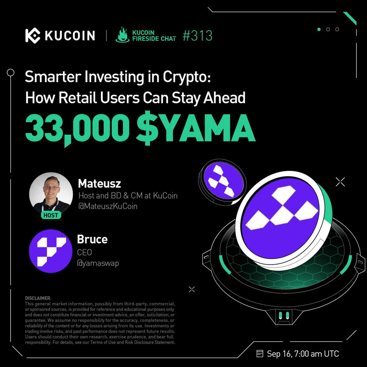 🔥Don’t miss our #KuCoinFireSideChat with Yamaswap CEO Bruce — Smarter Investing in Crypto: How Retail Users Can Stay Ahead.

🎁 33,000 $YAMA to win!

1. Follow <a href="/kucoincom/">KuCoin</a>, <a href="/BC_KuCoin/">BC Wong</a> &amp; <a href="/yamaswap/">Yamaswap</a>
2. Join the space: x.com/i/spaces/1vOGw…
3. Complete Gleam form: